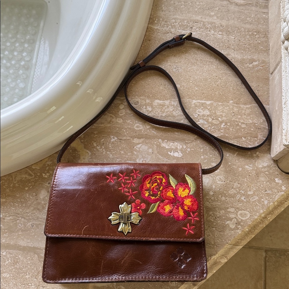 Patricia Nash Floral Embroidered Brown Crossbody Bag
